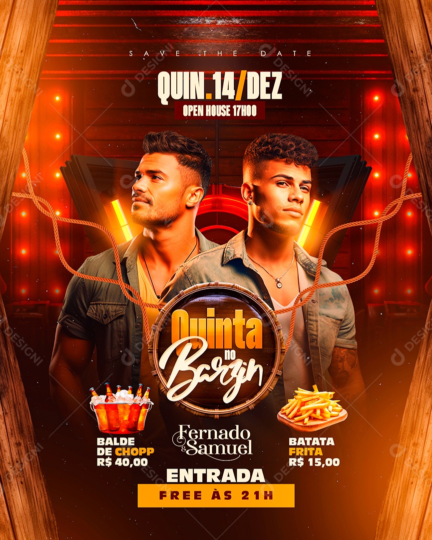Flyer Quinta no Barzin Fernado & Samuel Balde de Chopp Porção Batata Frita Social Media PSD Editável