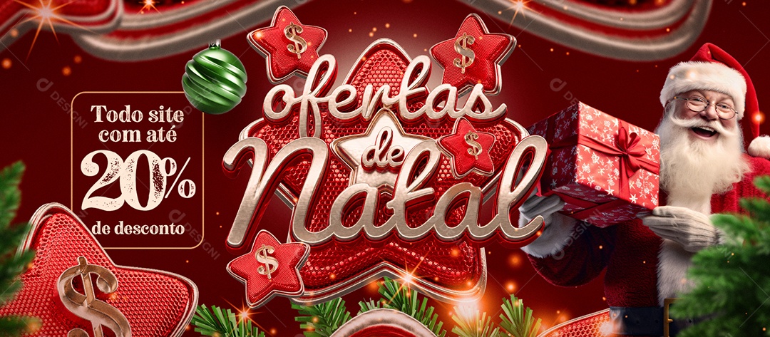 Social Media Banner Ofertas de Natal Todo Site com Até 20% de Desconto PSD Editável