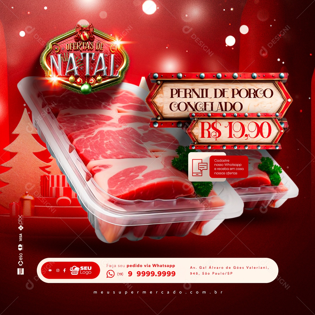 Supermercado Ofertas de Natal Pernil de Porco Congelado Social Media PSD Editável