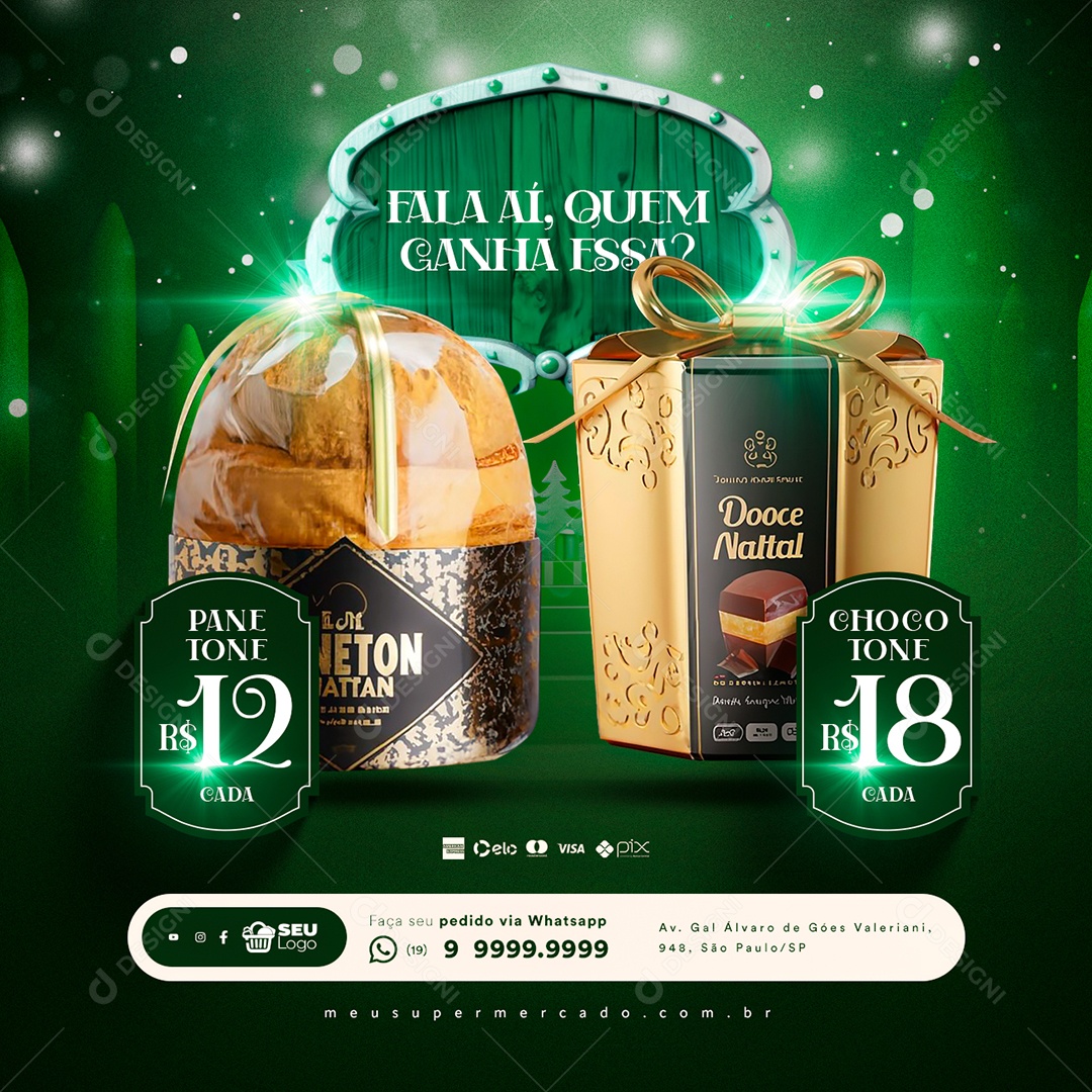 Supermercado Feliz Natal Fala Aí Quem Ganha Essa Panetone Chocotone Social Media PSD Editável