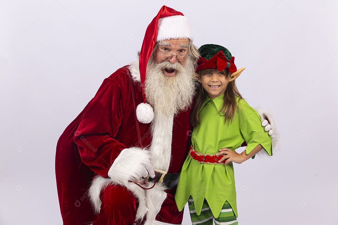 Papai Noel e duende sobre fundo branco