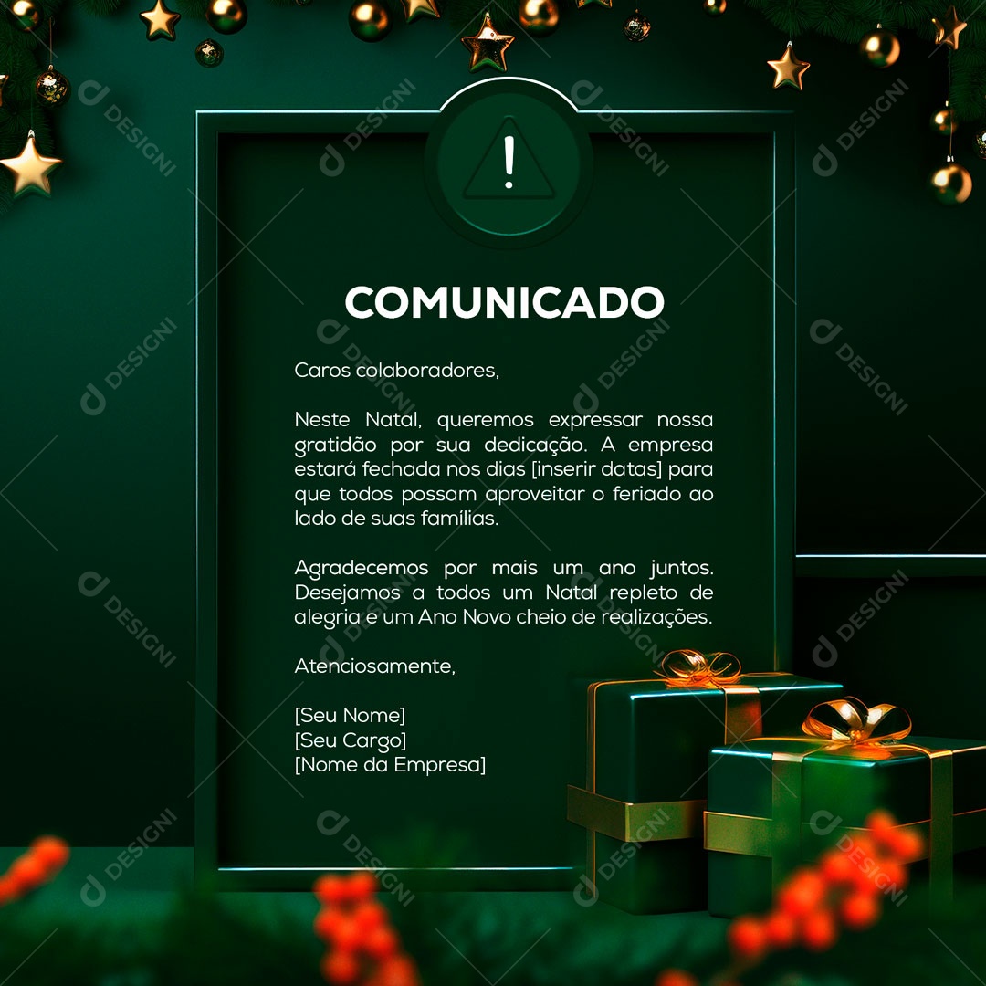 Comunicado Caros Colaboradores Neste Natal Queremos Expressar nossa Gratidão por sua Gratidão Social Media PSD Editável