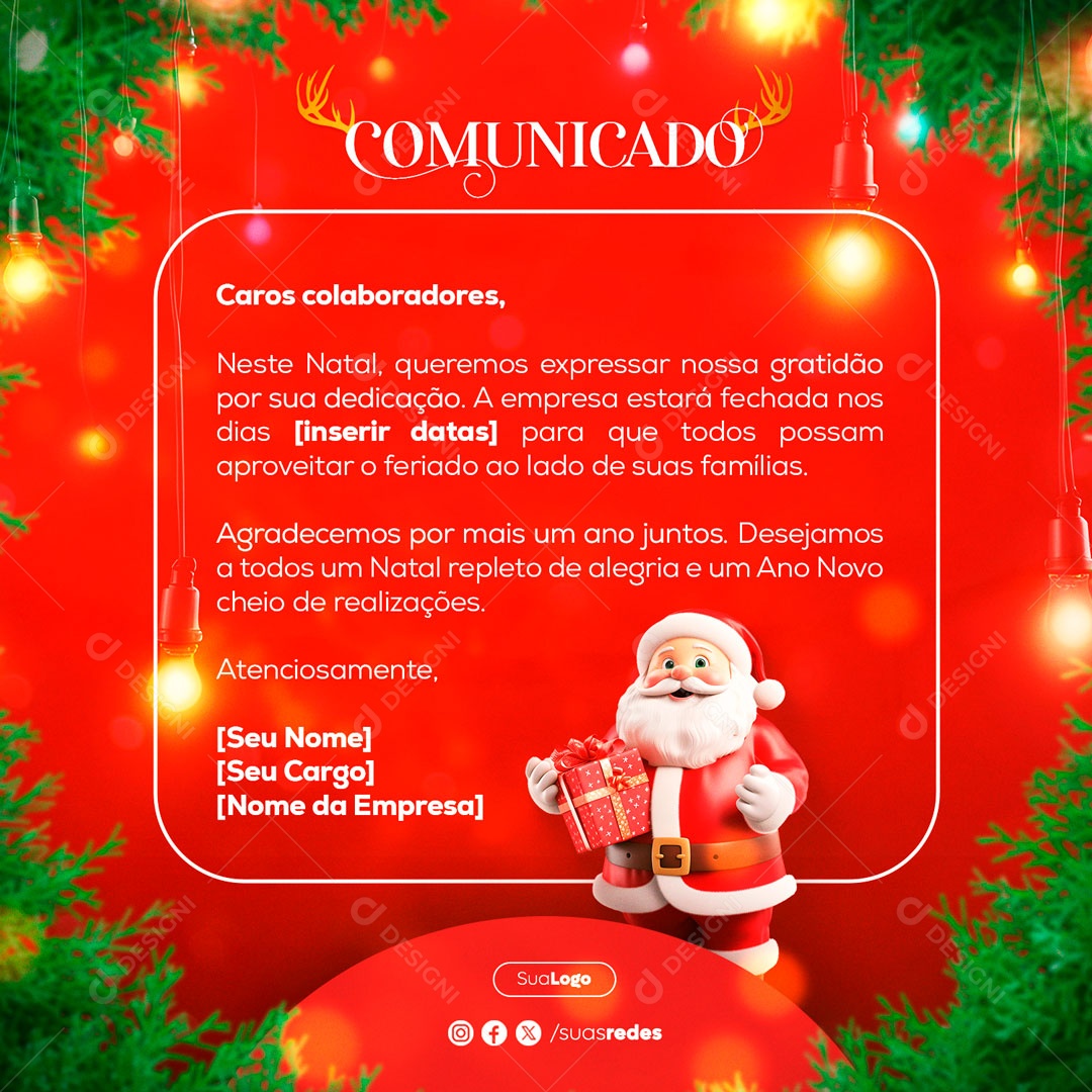 Comunicado Neste Natal a Loja Estará Fechada para que todos Possam Aproveitar o Feriado ao Lado de suas Famílias Social Media PSD Editável