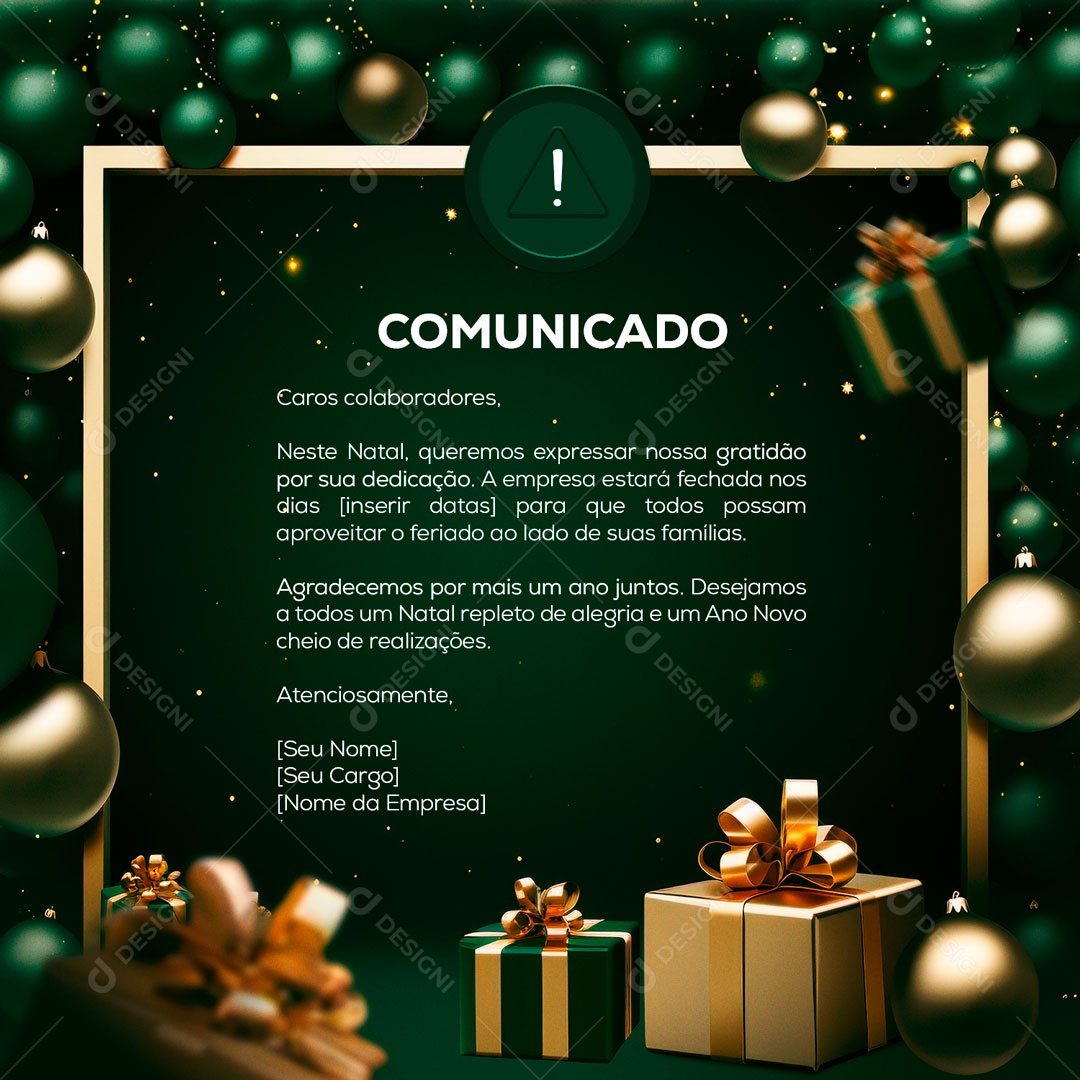 Comunicado Neste Natal Queremos Expressar nossa Gratidão por sua Dedicação Social Media PSD Editável