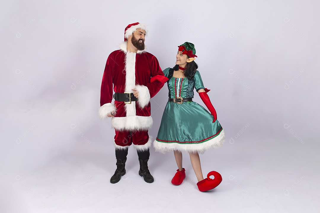 Papai Noel e duende em fundo branco