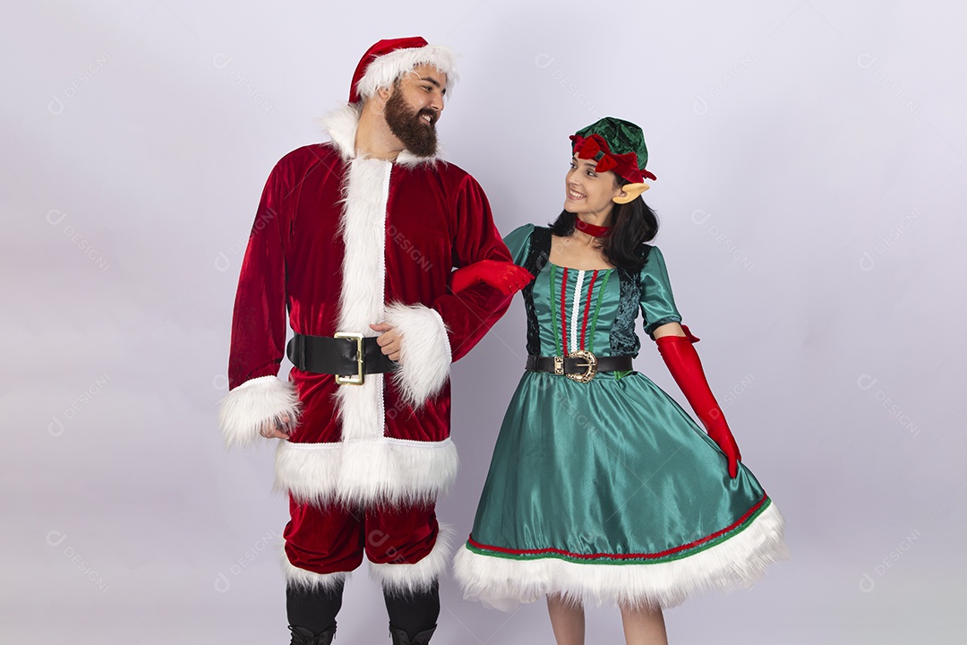 Papai Noel e duende em fundo branco