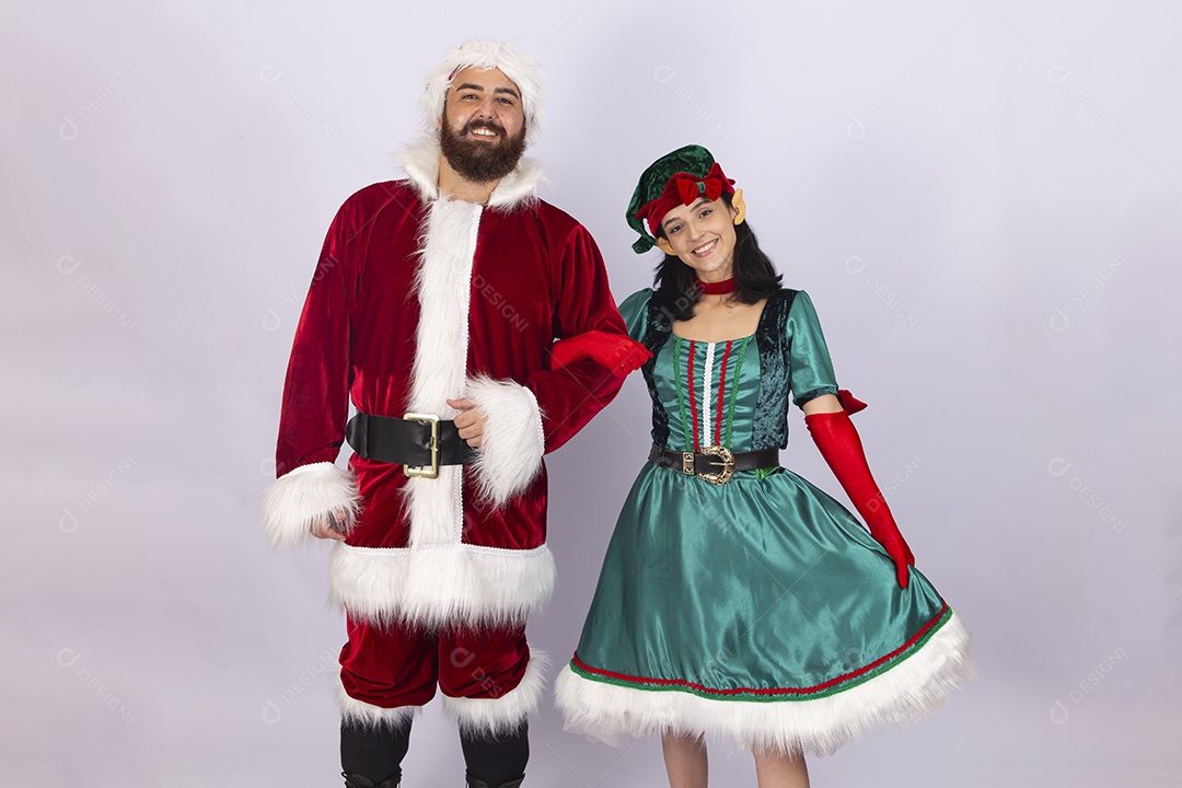 Papai Noel e duende em fundo branco