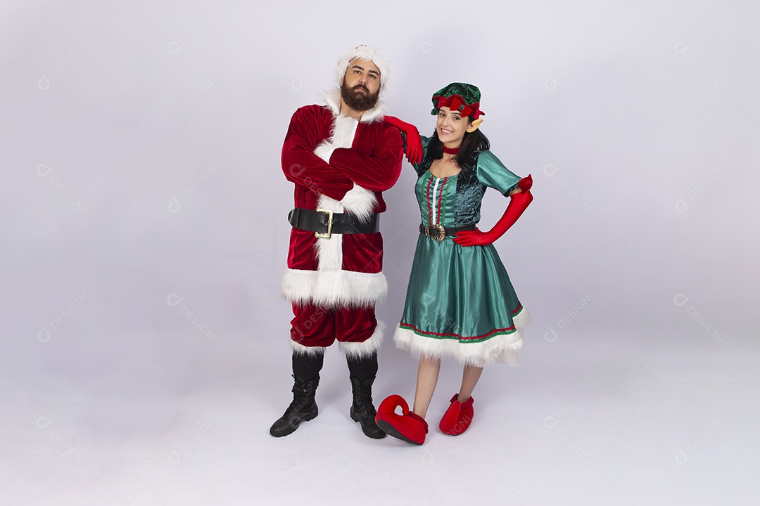 Papai Noel e duende em fundo branco