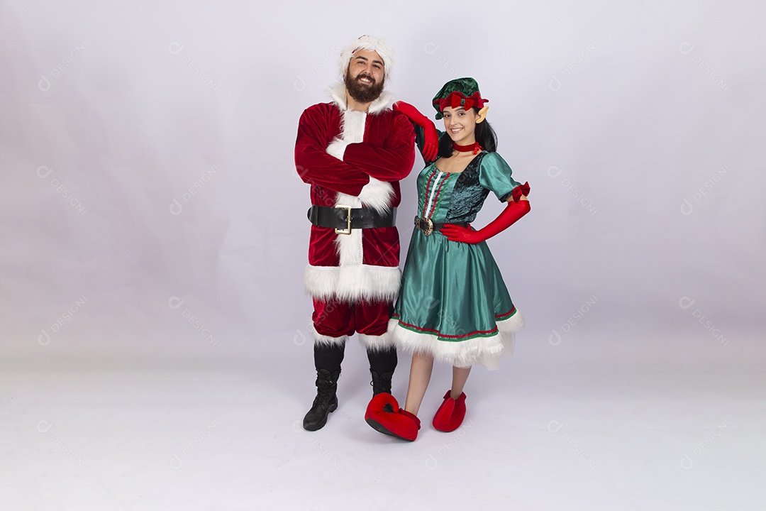 Papai Noel e duende em fundo branco