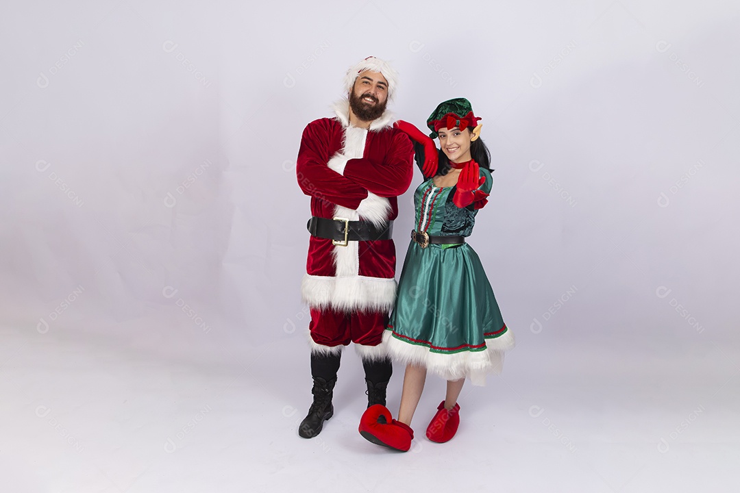 Papai Noel e duende sobre fundo branco