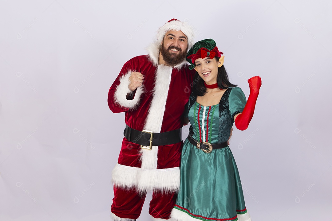 Papai Noel e duende sobre fundo branco