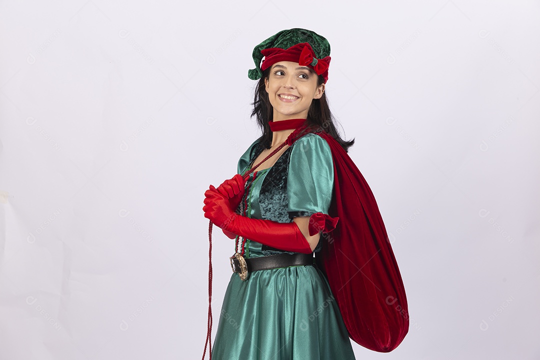 Linda jovem com fantasia de duende em fundo branco