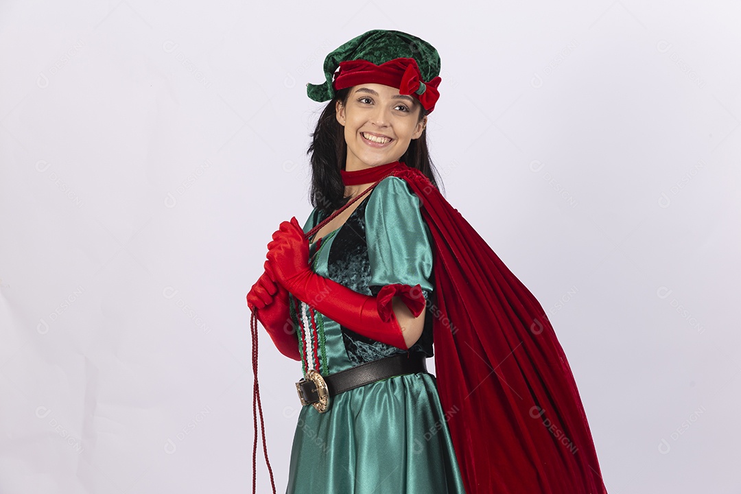 Linda jovem com fantasia de duende em fundo branco