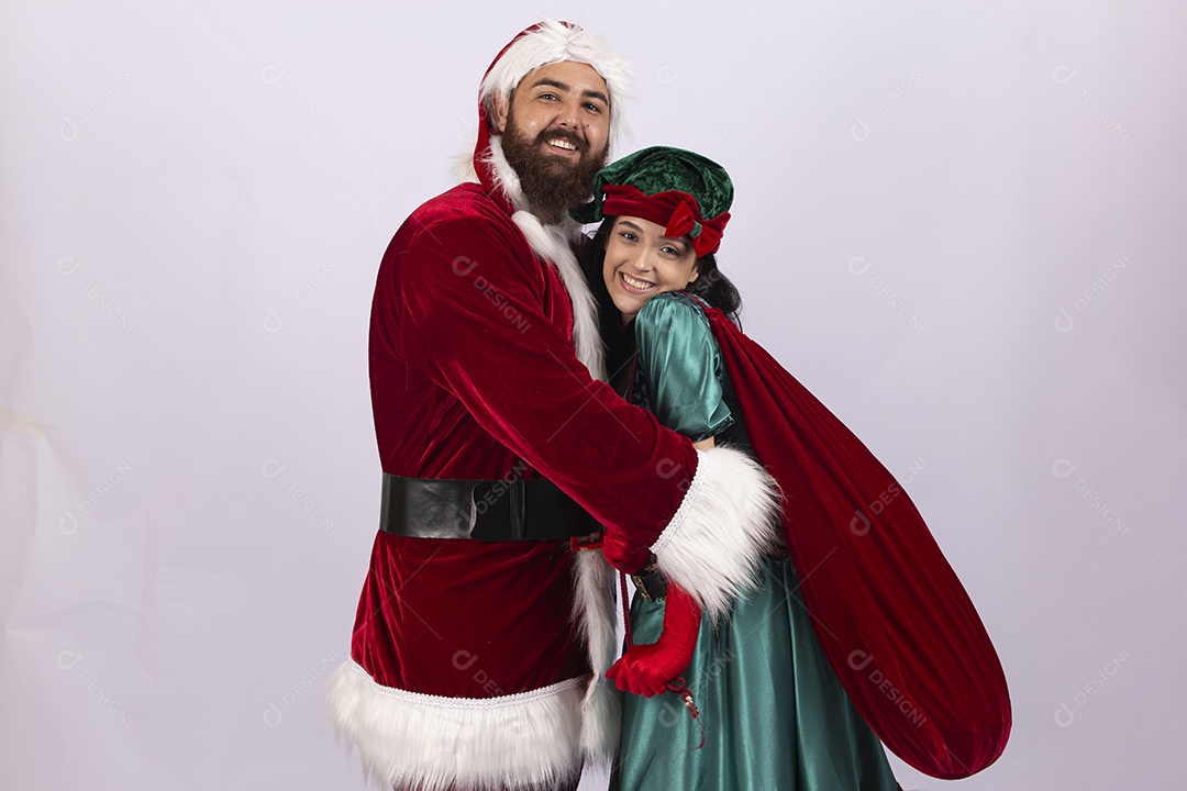 Papai Noel e duende sobre fundo branco