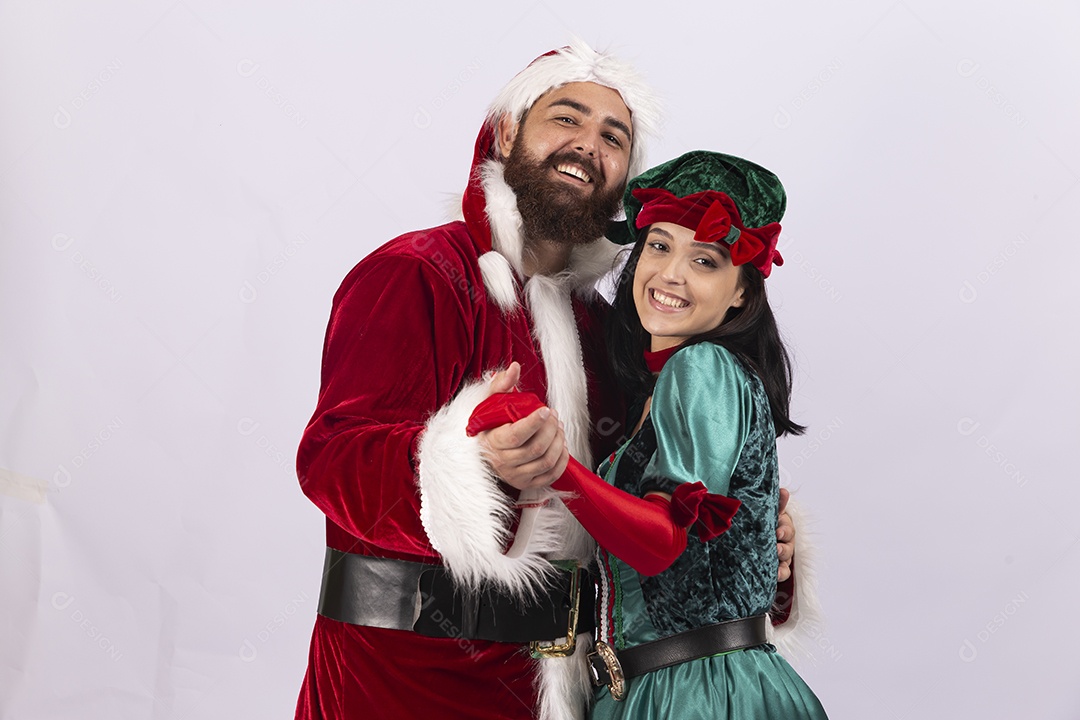 Papai Noel e duende sobre fundo branco