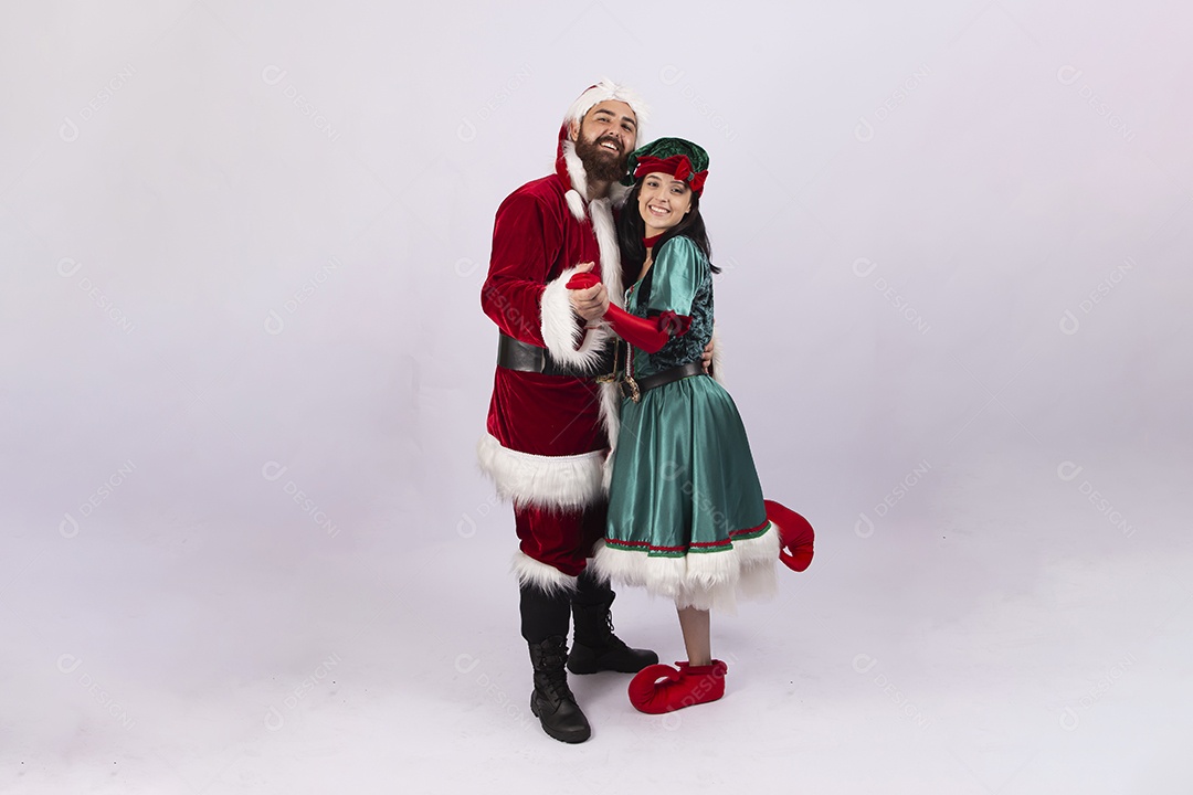 Papai Noel e duende sobre fundo branco
