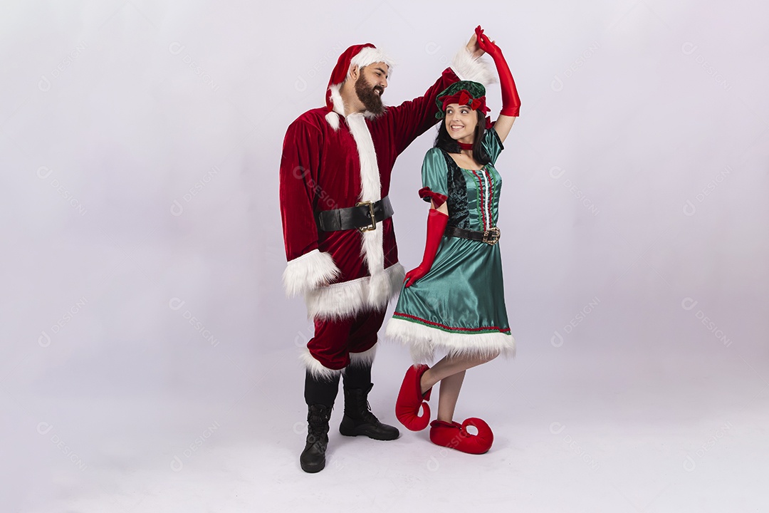 Papai Noel e duende sobre fundo branco