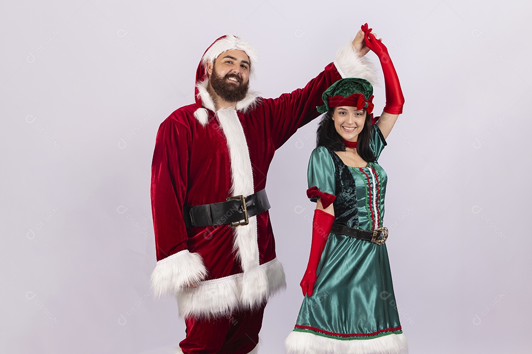 Papai Noel e duende sobre fundo branco