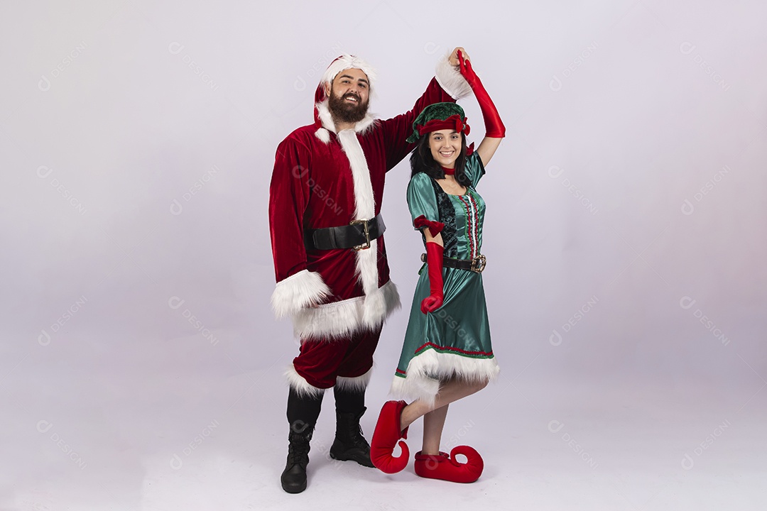 Papai Noel e duende sobre fundo branco