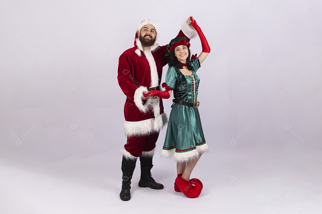 Papai Noel e duende sobre fundo branco