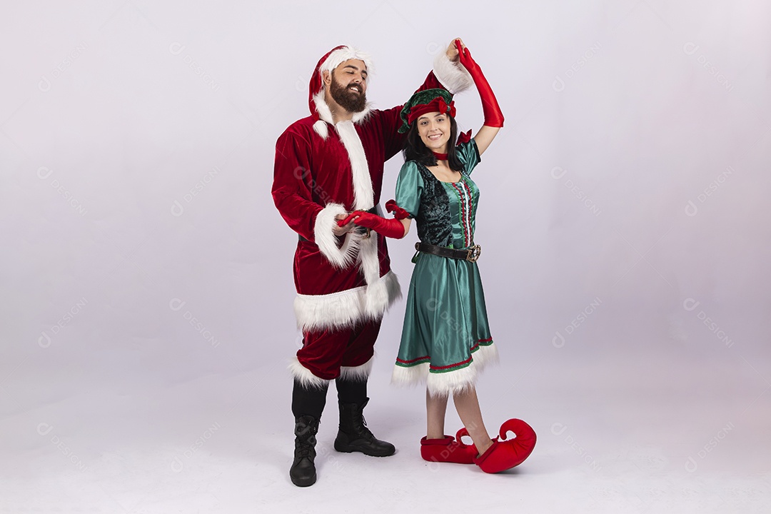 Papai Noel e duende sobre fundo branco