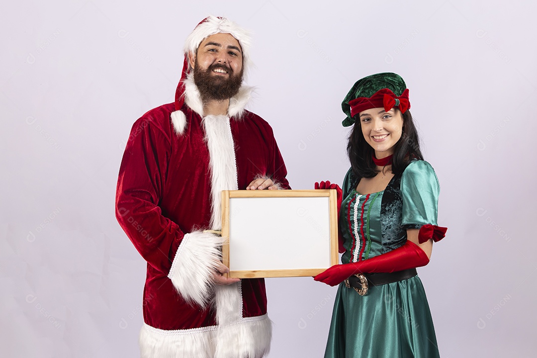 Papai Noel e duende sobre fundo branco