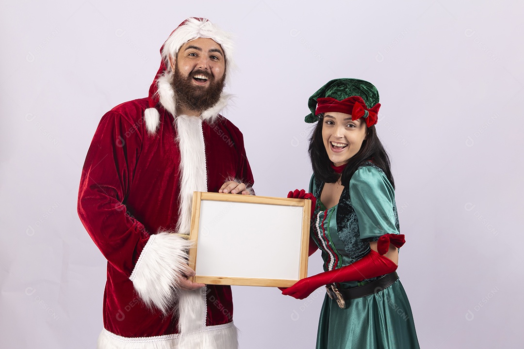 Papai Noel e duende sobre fundo branco