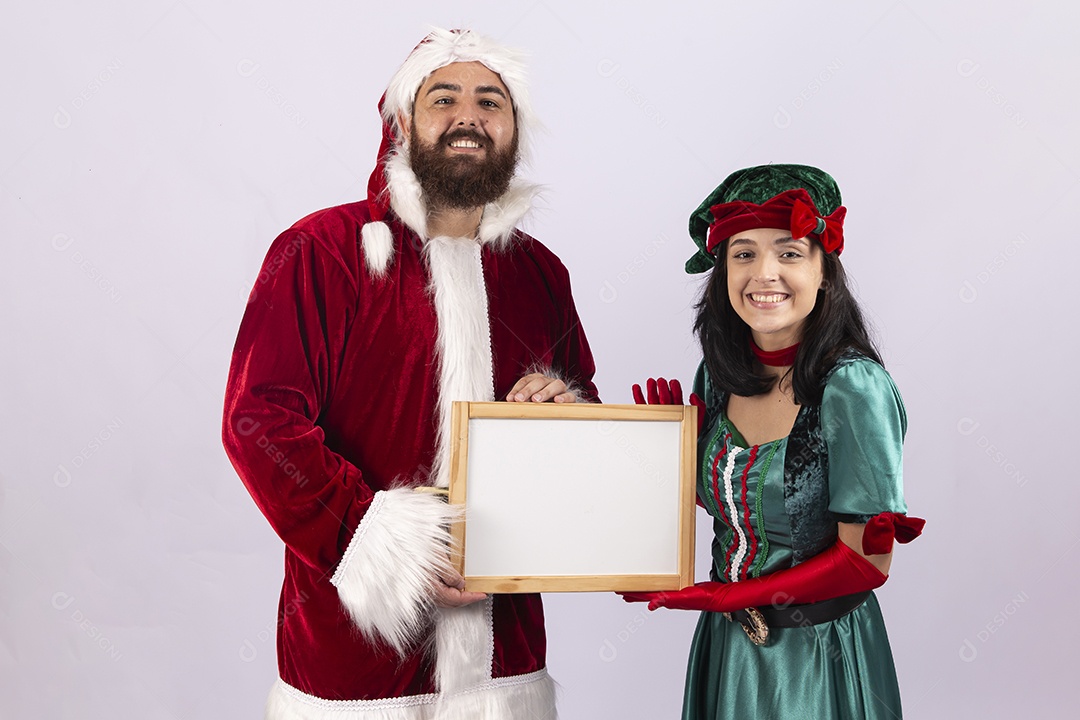 Papai Noel e duende sobre fundo branco