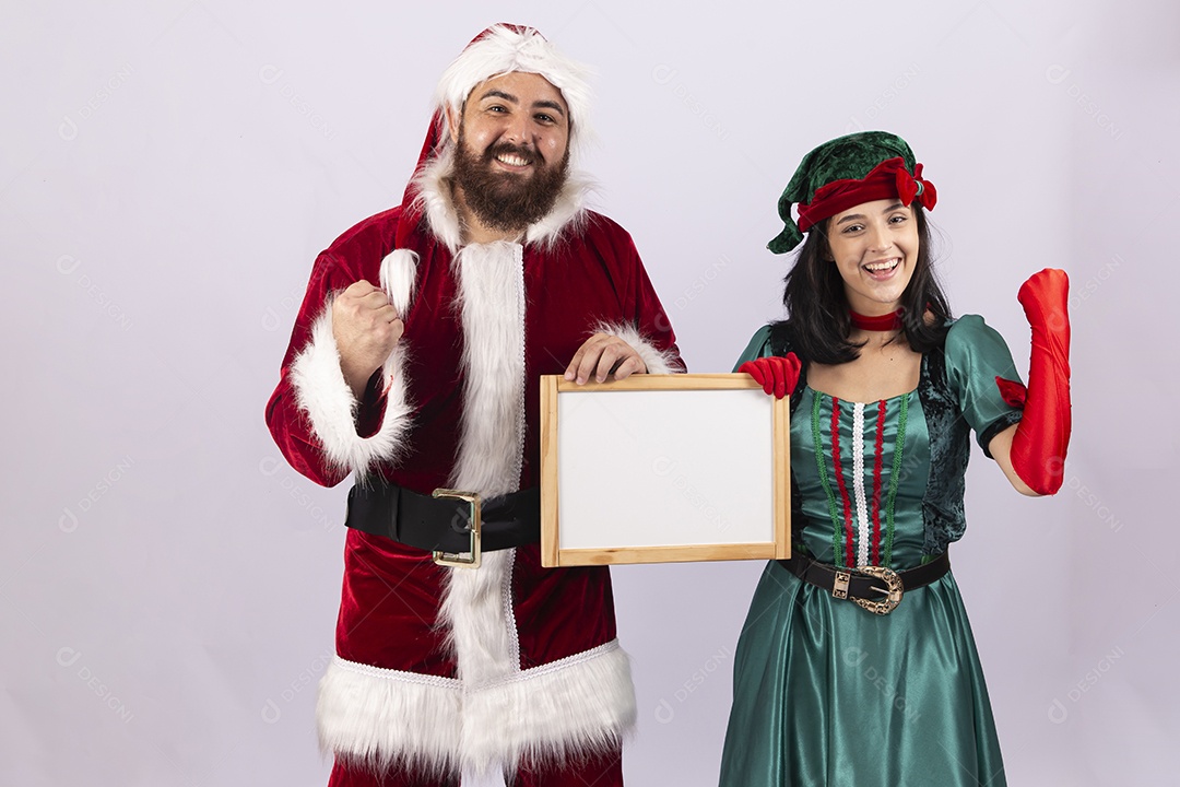 Papai Noel e duende sobre fundo branco