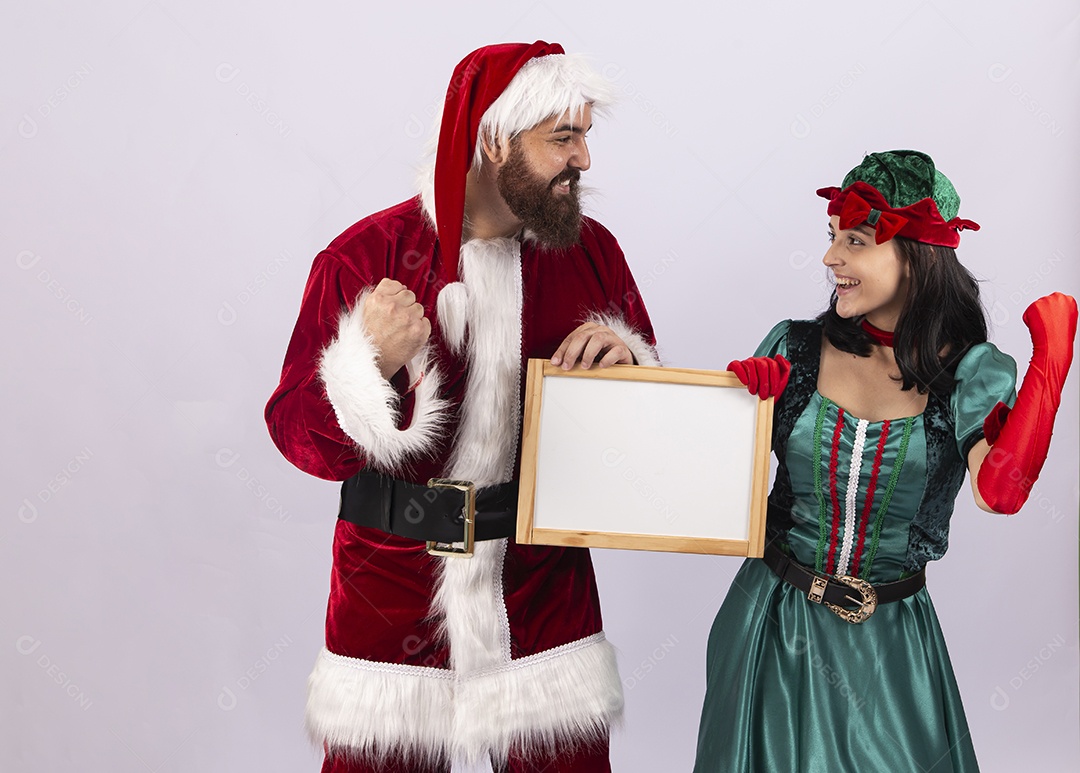 Papai Noel e duende sobre fundo branco