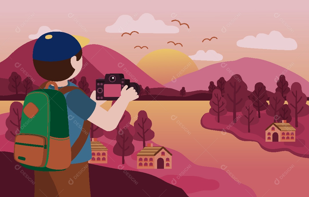 Homem Tirando Foto do Pôr do Sol Ilustração Vetor EPS