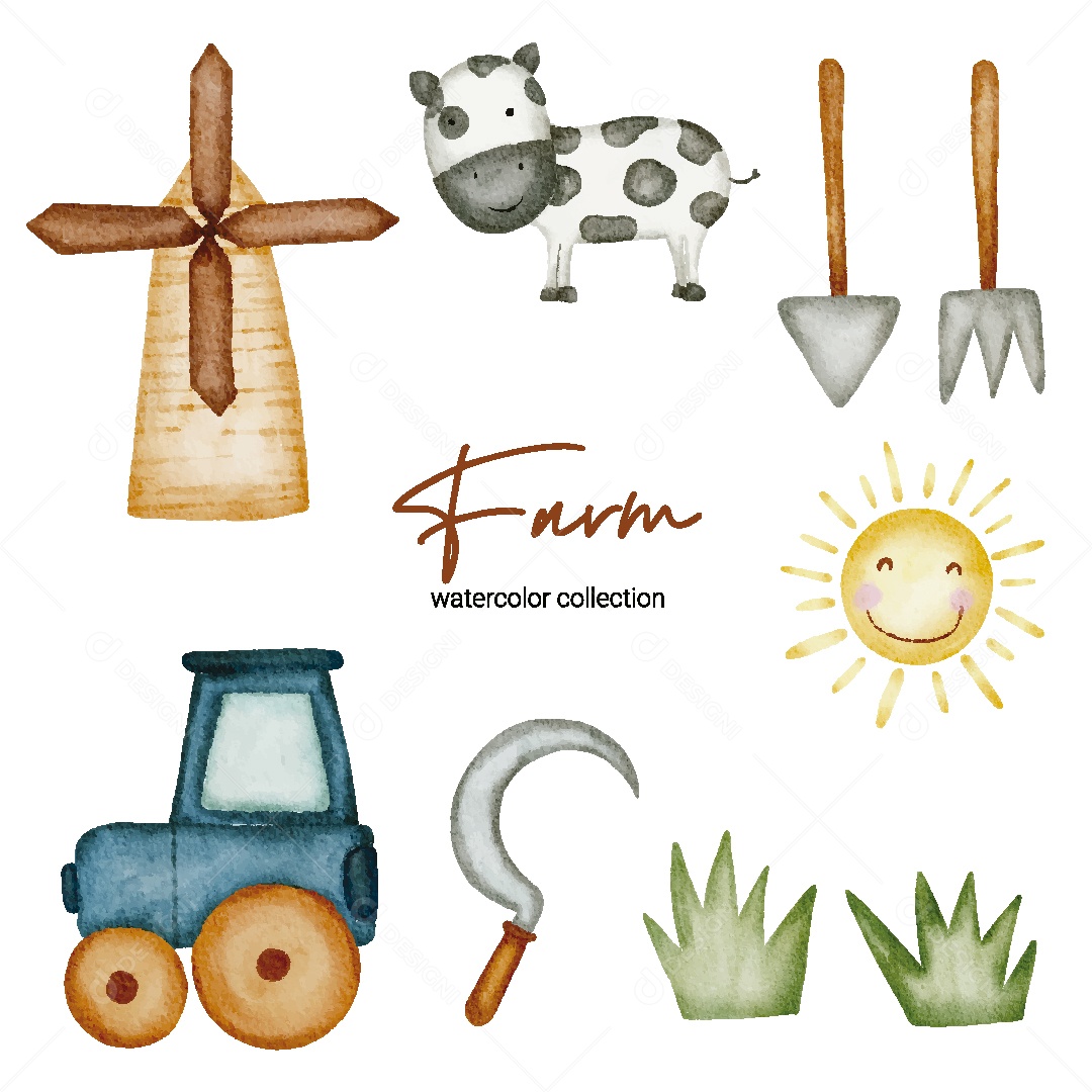 Coleção de Aquarela de Fazenda Ilustração Vetor EPS