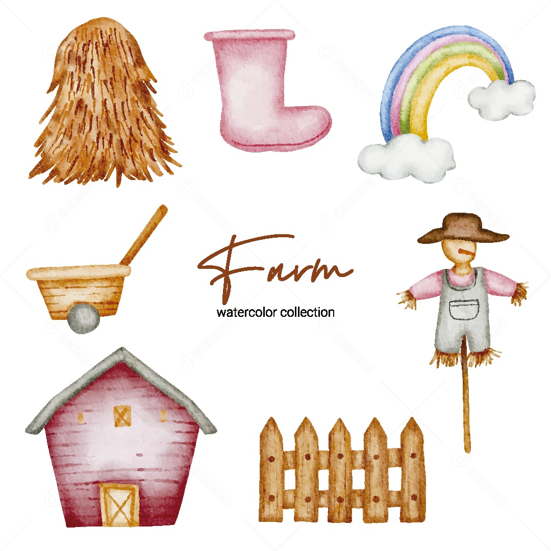 Coleção de Aquarela de Fazenda Ilustração Vetor EPS