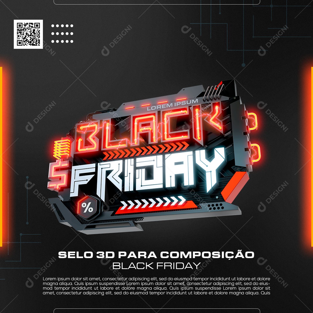 Black Friday Selo 3D Laranja Branco Preto para Composição PSD