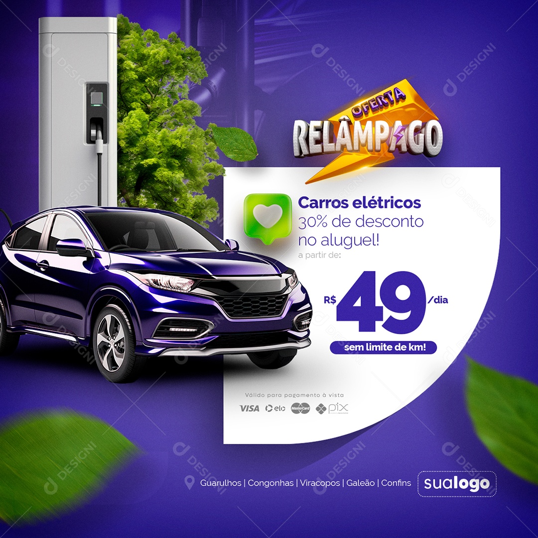 Locadora de Carro Oferta Relâmpago Carros Elétricos 30% de Desconto no Aluguel Social Media PSD Editável