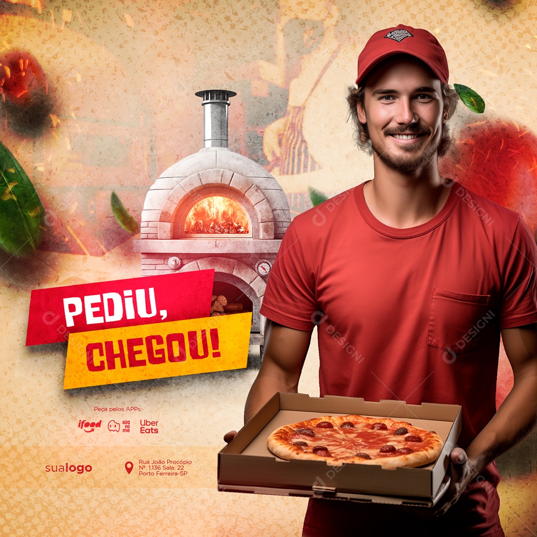 Pizzaria Pediu Chegou Delivery Social Media PSD Editável