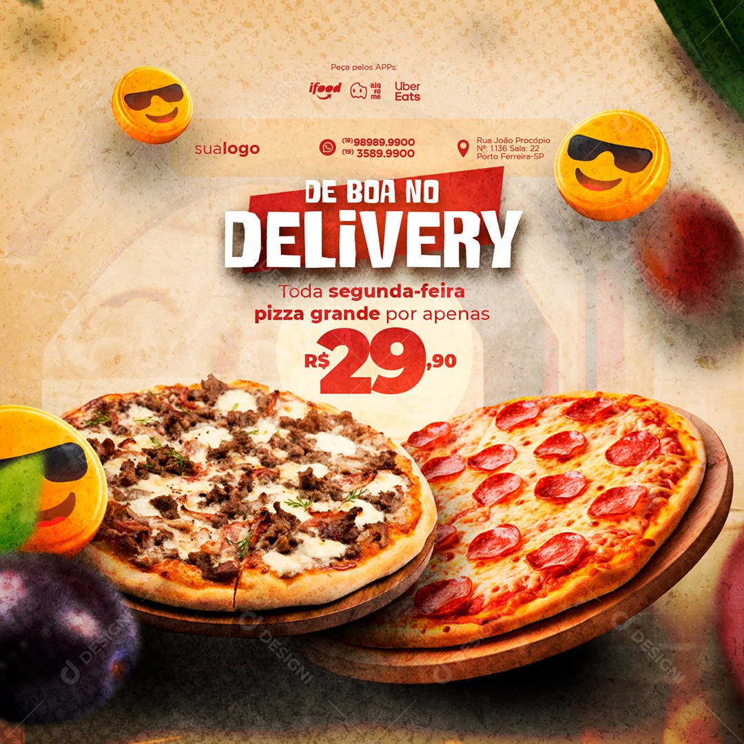 Pizzaria De Boa no Delivery Toda Segunda-Feira Pizza Grande Social Media PSD Editável