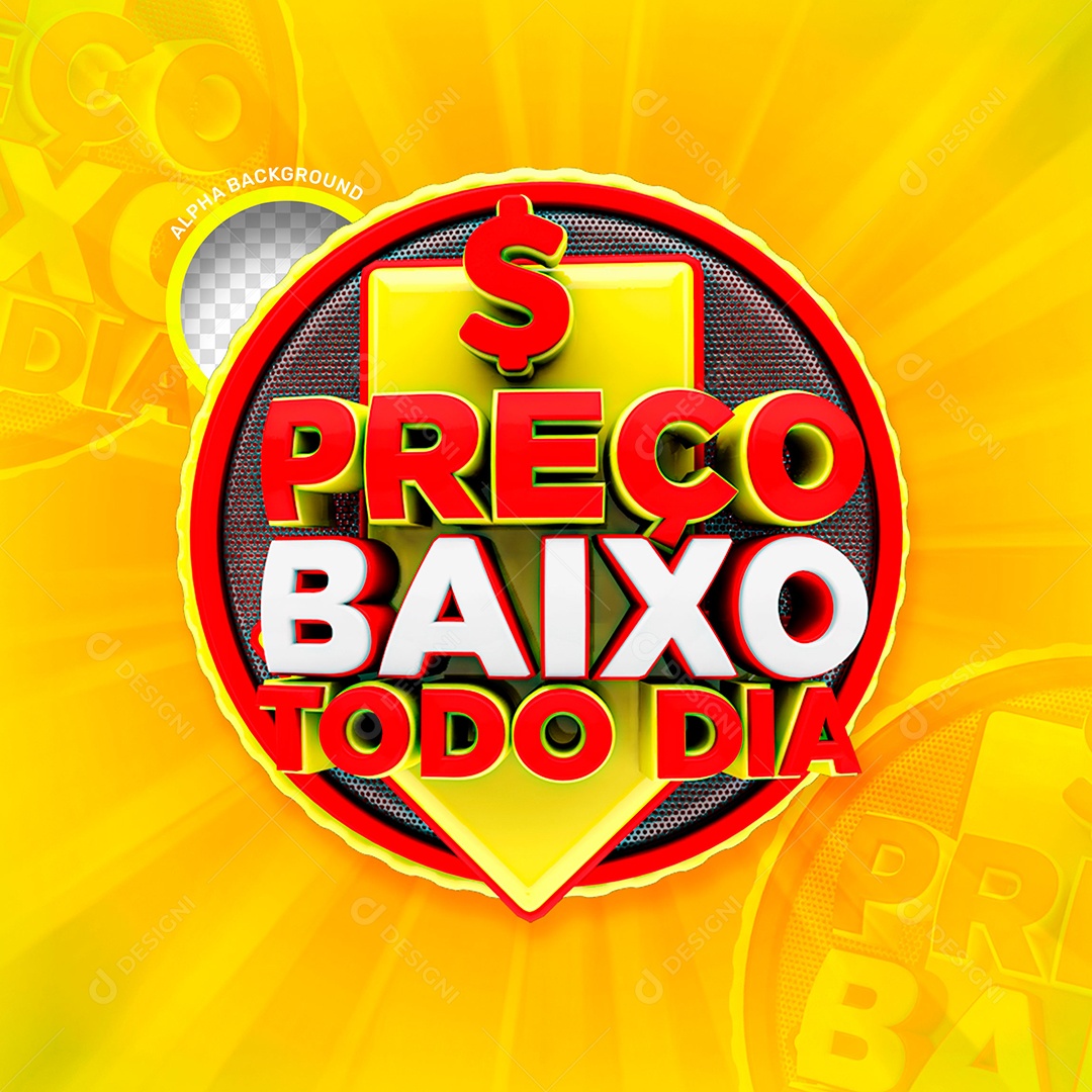 Preço Baixo Todo Dia Selo 3D Vermelho Branco Dourado Composição PSD