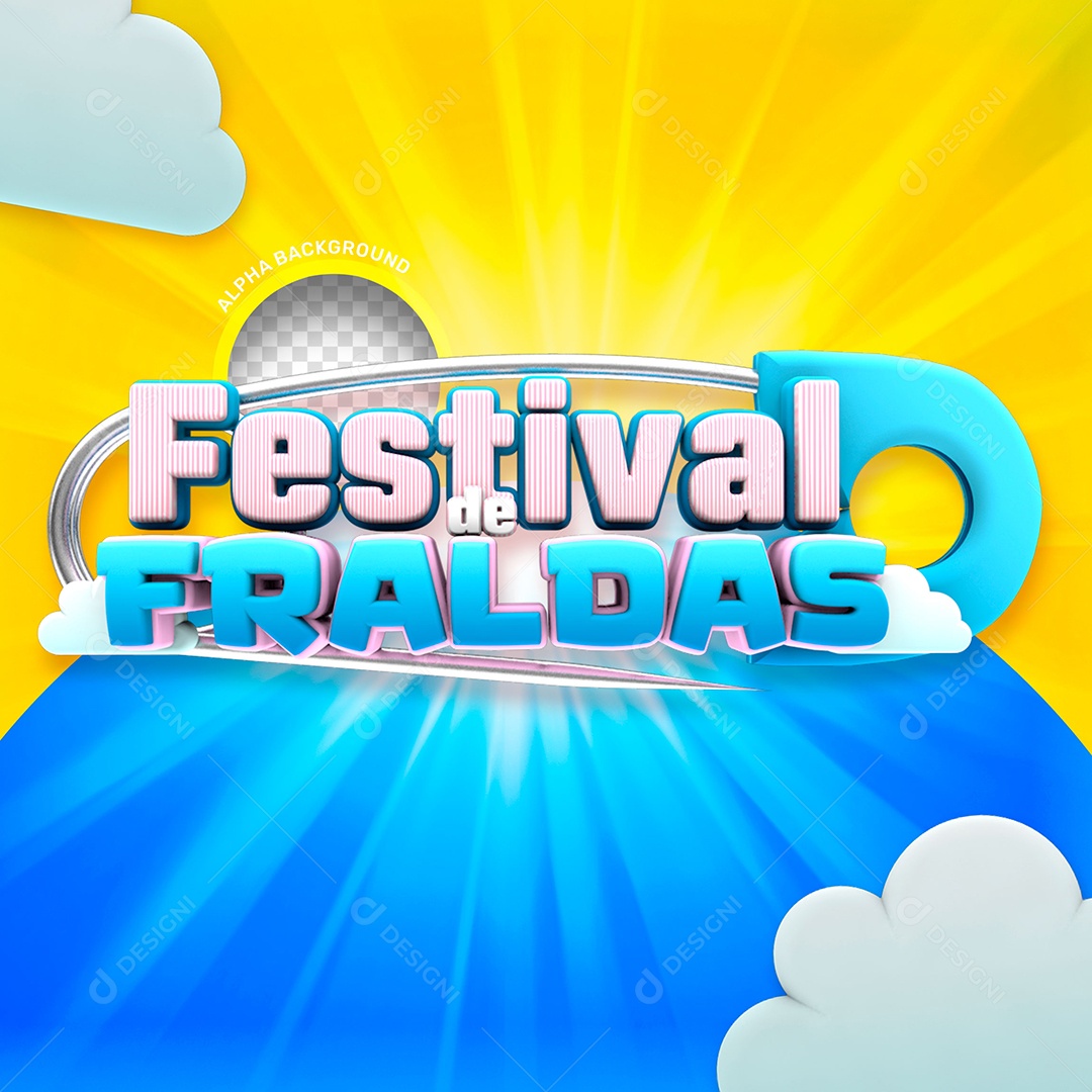 Festival de Fraldas Selo 3D Amarelo Rosa Azul para Composição PSD
