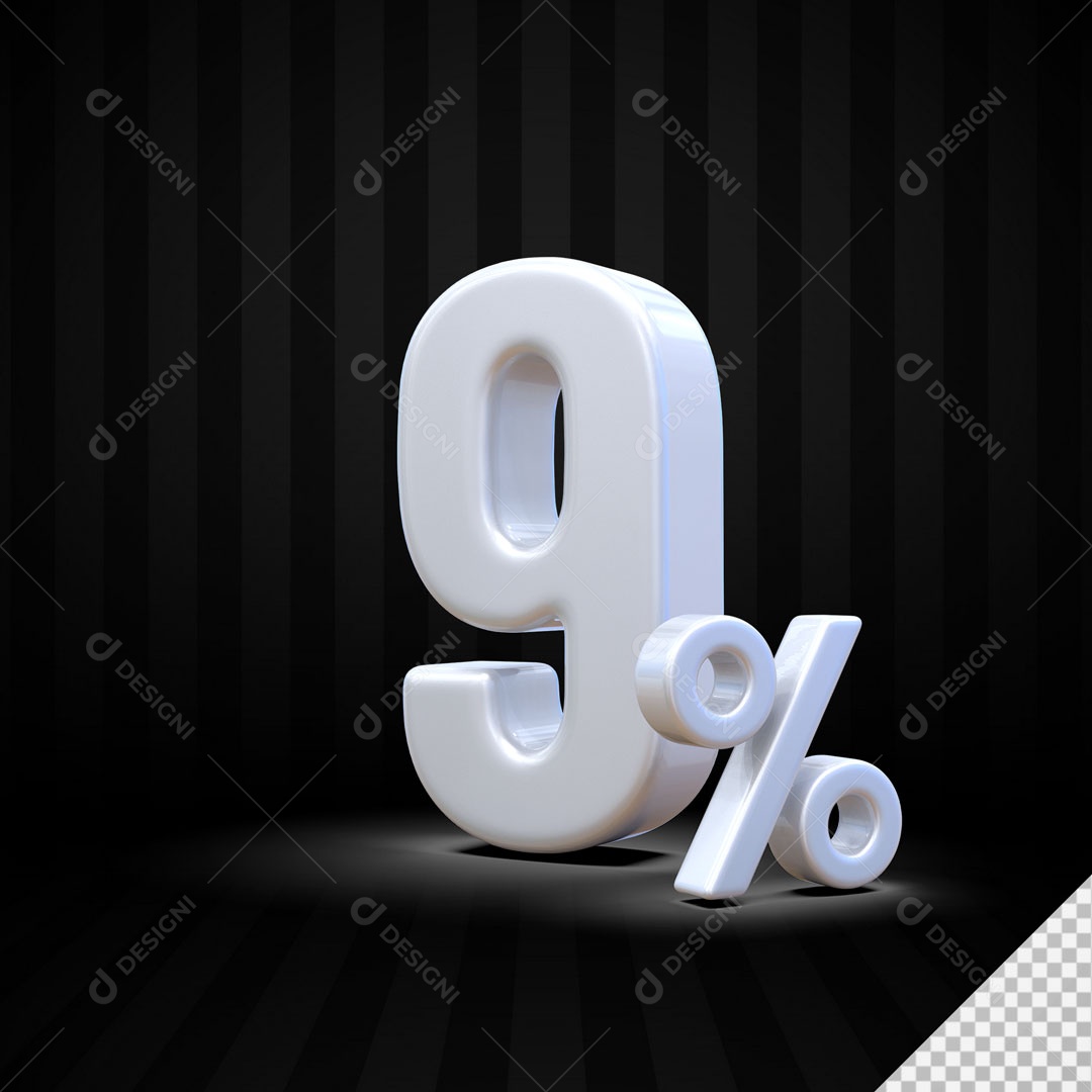 Número 3D 9% Porcento Branco Para Composição PSD