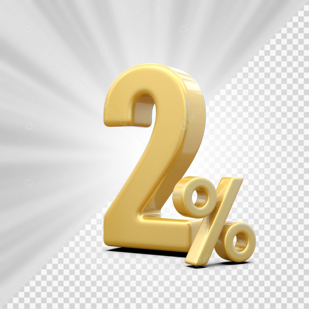 Número 3D 2% Porcento Dourado Para Composição PSD