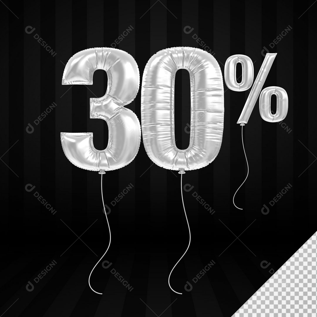 Número 3D 30% Porcento De Balão Branco Para Composição PSD