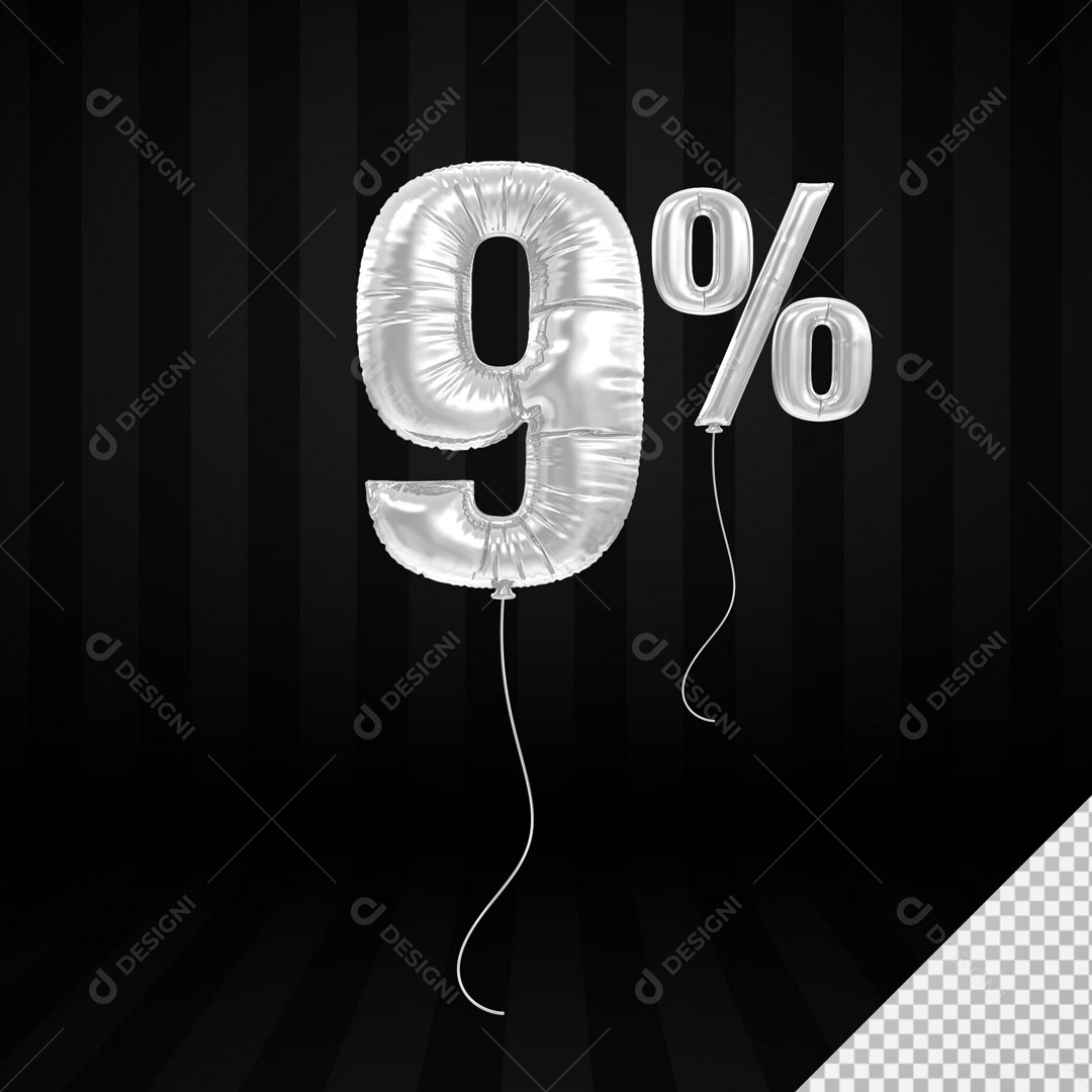 Número 3D 9% Porcento De Balão Branco Para Composição PSD