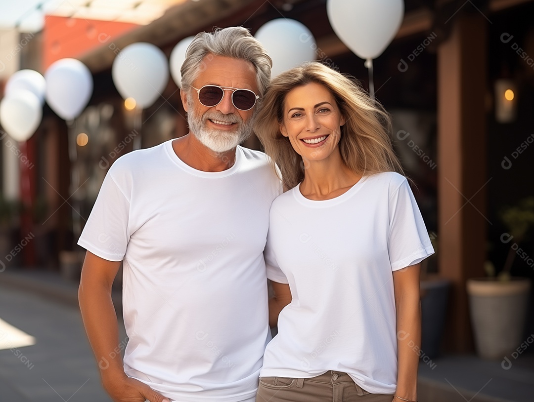 Um casal de idosos vestindo camisetas brancas combinando