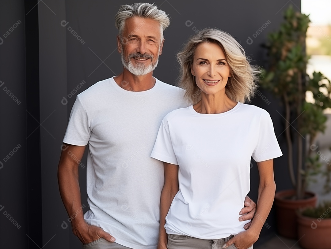 Um casal de idosos vestindo camisetas brancas combinando