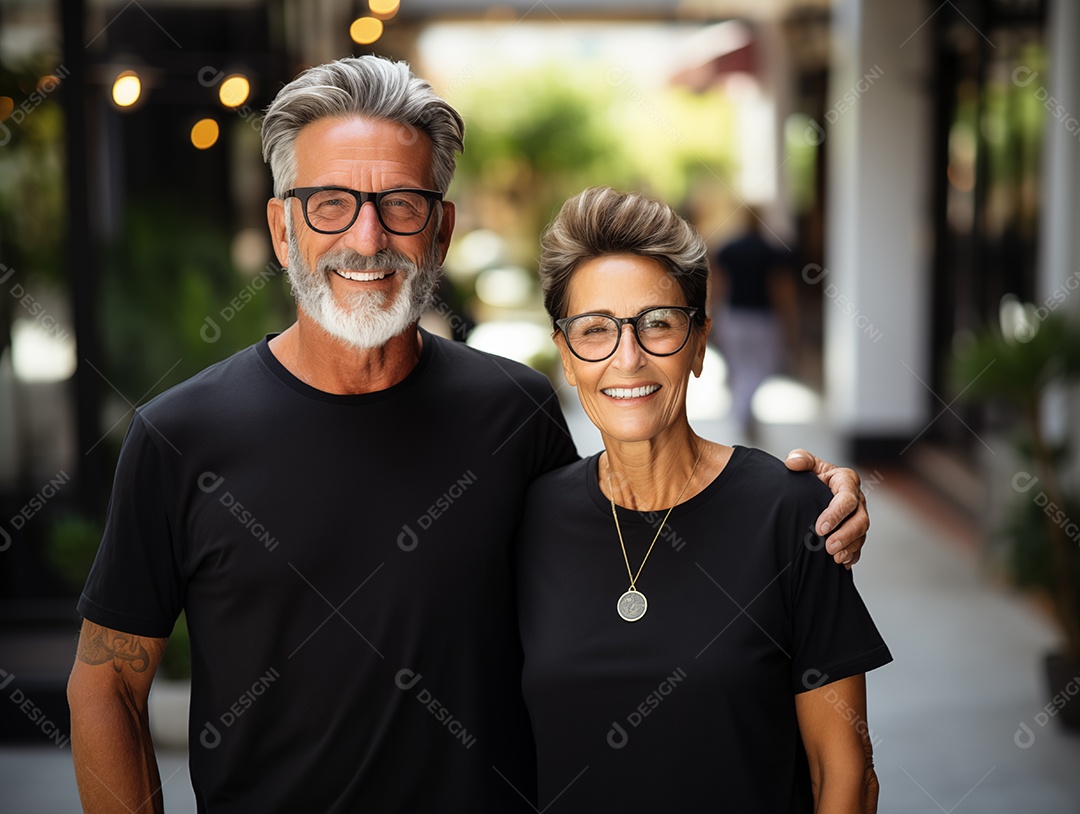 Um casal de idosos vestindo camisetas pretas combinando