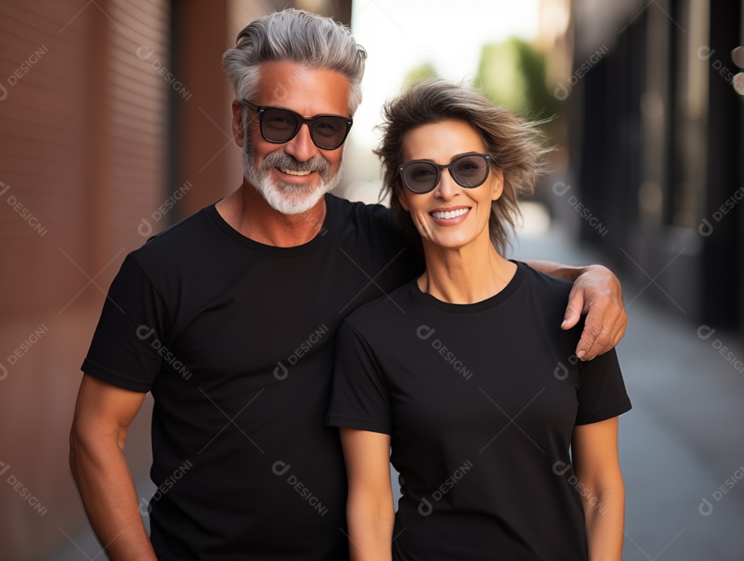 Um casal de idosos vestindo camisetas pretas combinando
