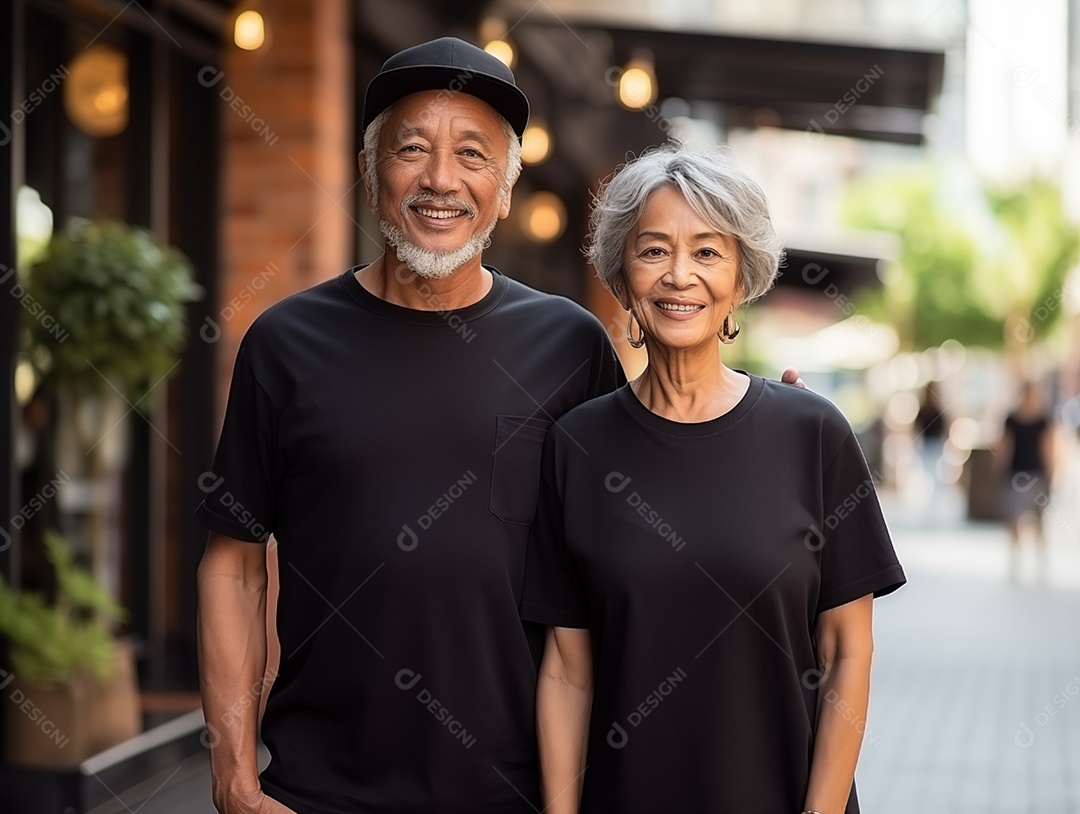 Um casal de idosos vestindo camisetas pretas combinandoUm casal de idosos vestindo camisetas pretas combinando