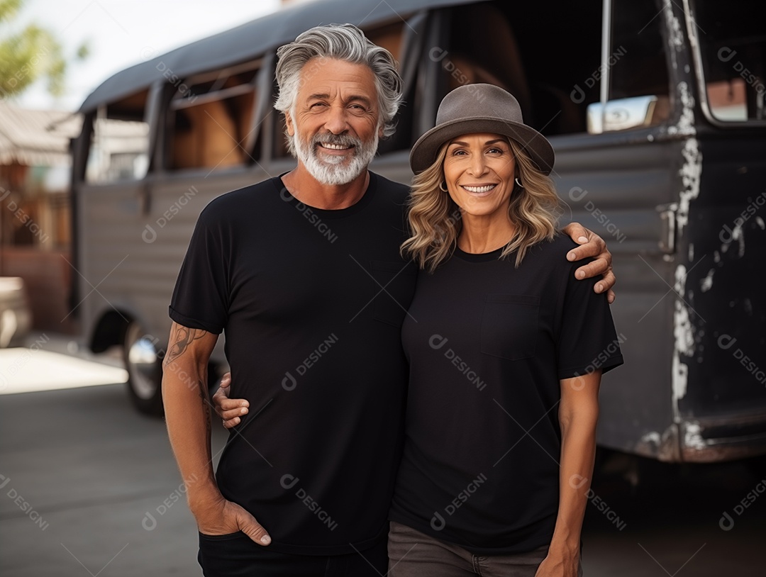 Um casal de idosos vestindo camisetas pretas combinando