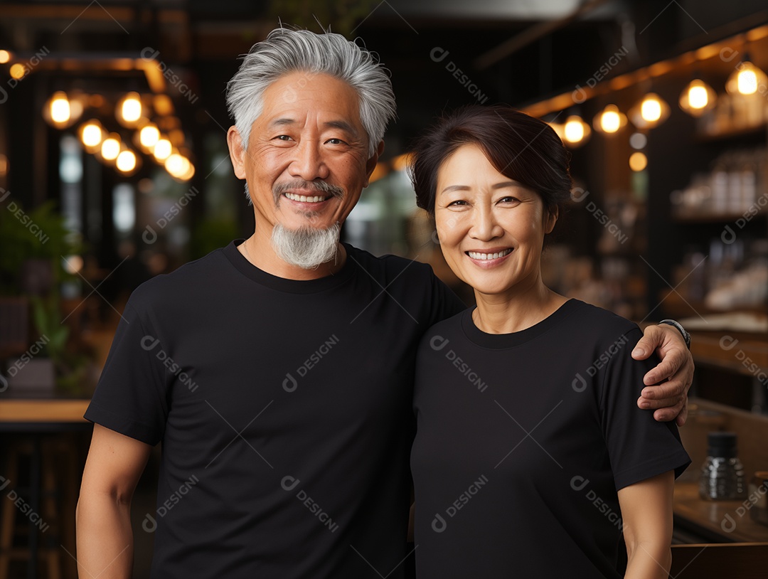 Um casal de idosos vestindo camisetas pretas combinando